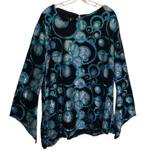Rivar’s Black Tunic w/ Blue  Sequins, Asymmetric Hem, Trumpet Sleeves - Size 22